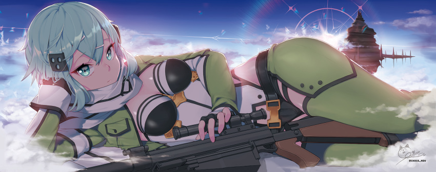 anti-materiel_rifle aqua_eyes aqua_hair blue_sky breasts closed_mouth cloud commentary_request cropped_jacket day female green_jacket gun hair_ornament hairclip highres jacket konbu_(hida123) lens_flare looking_at_viewer lying medium_breasts on_side outdoors rifle scarf shiny_skin short_hair short_shorts shorts sidelocks sinon sky sniper_rifle solo sword_art_online weapon