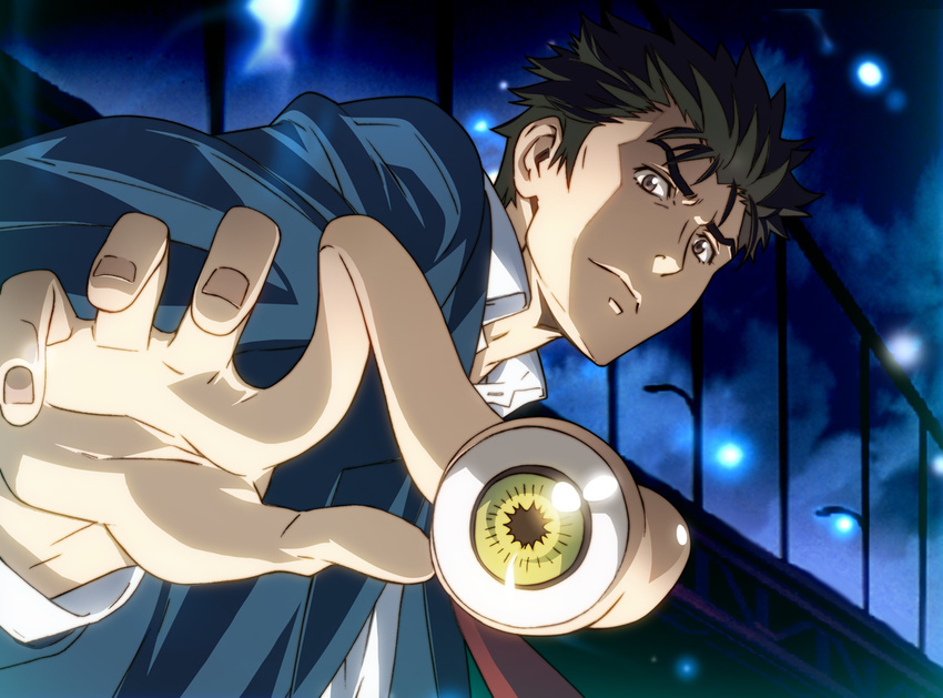 1boy brown_eyes brown_hair commentary_request dutch_angle izumi_shin'ichi kiseijuu looking_at_viewer male_focus migi night nyoro_(nyoronyoro000) outdoors photoshop_(medium) upper_body