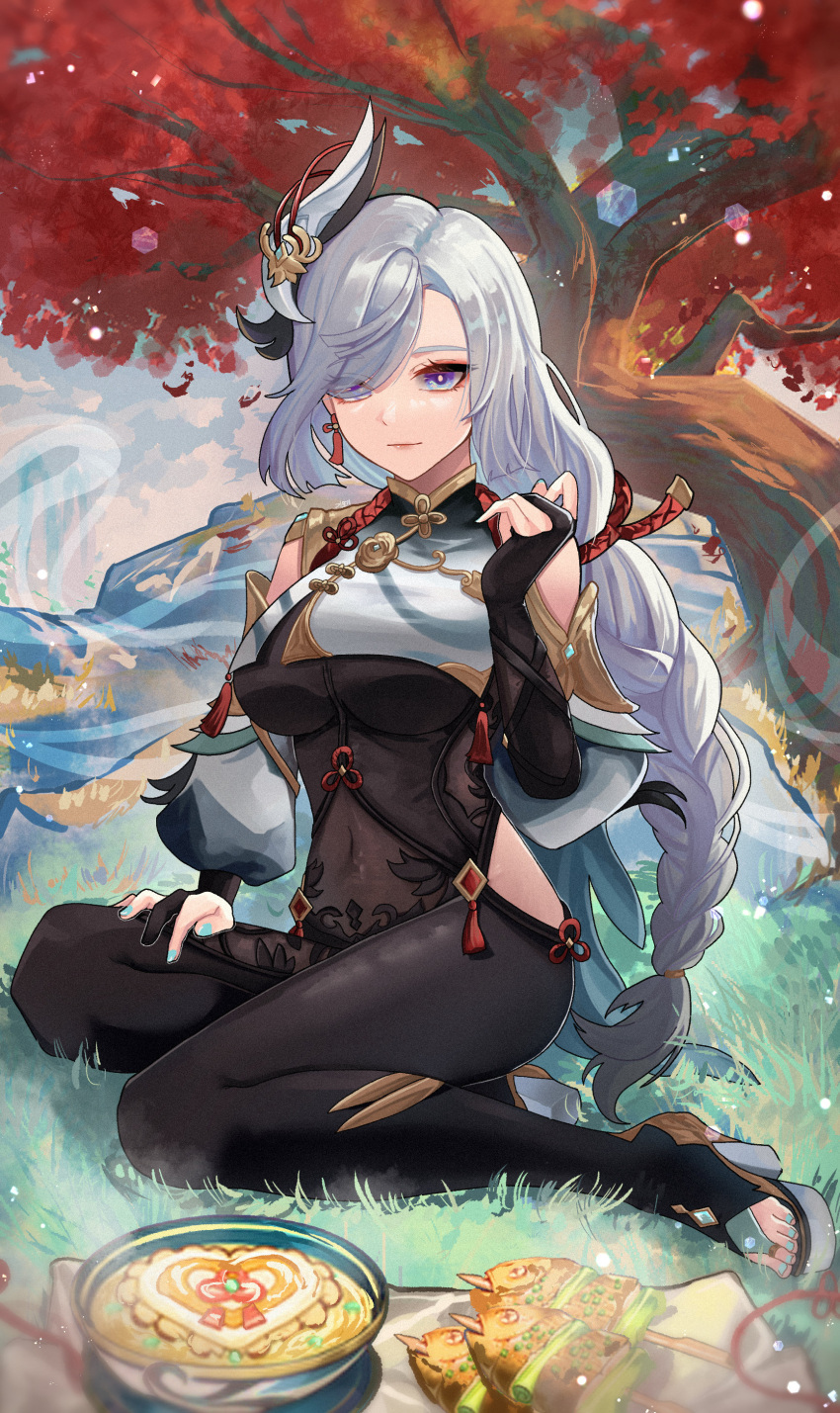 absurdres blue_eyes bodysuit braid chinese_knot closed_mouth covered_navel day female food full_body genshin_impact gloves gmg grass hair_ornament hair_over_one_eye hand_on_own_thigh hand_up high_heels highres hip_vent long_hair looking_at_viewer low-braided_long_hair low-tied_long_hair nail_polish outdoors partially_fingerless_gloves shenhe_(genshin_impact) single_braid sitting smile solo toes tree white_hair yokozuwari