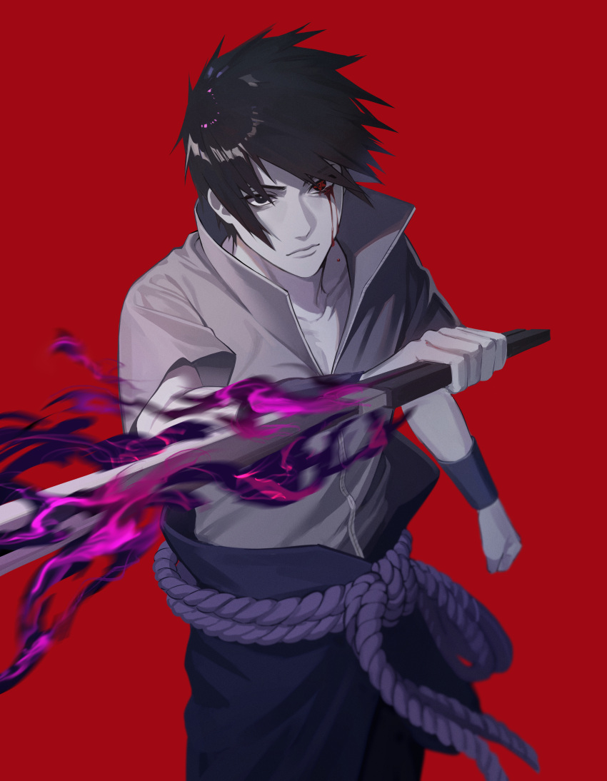 1boy absurdres bishounen black_eyes black_hair blood blood_from_eyes chokutou commentary_request energy eyebrows_hidden_by_hair hair_over_eyes heterochromia highres holding holding_sword holding_weapon magic male_focus mangekyou_sharingan mond_sl motion_blur naruto_(series) naruto_shippuuden ninja red_background reverse_grip sharingan solo sword uchiha_sasuke unsheathed upper_body weapon