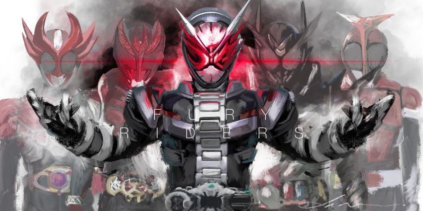 5boys abs absurdres altering_(agito) angry armor artist_name belt black_armor black_bodysuit blue_eyes bodysuit build_driver bursting compound_eyes driver_(kamen_rider) electricity gauntlets hazard_trigger heisei highres horns kamen_rider kamen_rider_agito kamen_rider_agito_(burning_form) kamen_rider_agito_(series) kamen_rider_build kamen_rider_build_(series) kamen_rider_kabuto kamen_rider_kabuto_(series) kamen_rider_kiva kamen_rider_kiva_(series) kamen_rider_zi-o kamen_rider_zi-o_(series) lightning limited_palette looking_at_viewer male_focus multiple_boys pointing pointing_up rabbit+tank_form_(black_hazard) red_eyes red_horns rider_belt science_fiction shoulder_armor simple_background smoke spiked_gauntlets steam steaming_body tokusatsu walking white_background yygnzm ziku_driver