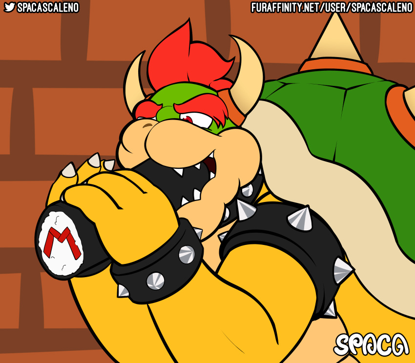 2_horns absurd_res anthro bowser brick_wall clothing collar digital_media_(artwork) ehomaki food hair hi_res horn koopa makizushi male mario_bros nintendo red_hair scalie shell simple_background solo spaca spiked_shell spikes spikes_(anatomy) sushi text url wall_(structure)