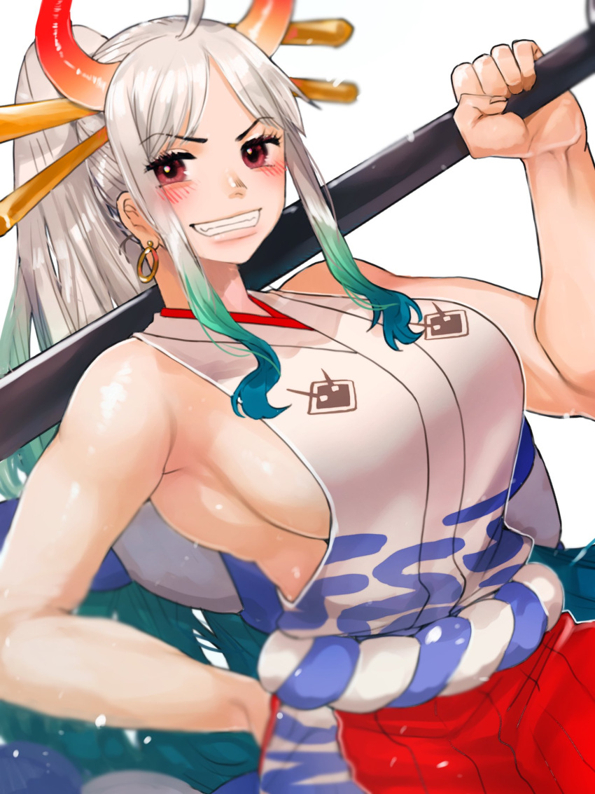 ahoge aqua_hair armpits bare_arms bare_shoulders blush breasts brown_eyes club_(weapon) commentary_request cowboy_shot curled_horns dutch_angle earrings female green_hair grey_hair grin hair_ornament hair_stick hakama hand_on_own_hip hand_up high_ponytail highres holding holding_weapon horns japanese_clothes jewelry kimono large_breasts long_hair looking_at_viewer multicolored_hair multicolored_horns one_piece oni over_shoulder partial_commentary red_horns rope shimenawa shiratori_yokikana sideboob sidelocks sleeveless sleeveless_kimono smile solo v-shaped_eyebrows very_long_hair weapon weapon_over_shoulder yamato_(one_piece)