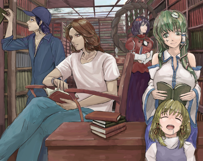 2boys 3girls autumn_leaves baseball_cap blonde_hair blue_eyes blue_headwear blue_jumpsuit blue_pants blue_skirt book book_stack breasts brown_eyes brown_hair chair closed_mouth collared_shirt commentary_request cookie_(touhou) detached_sleeves dog_tags drooling facepaint frog_hair_ornament full_body go_(inmu) green_eyes green_hair hair_ornament hair_tubes hat highres indoors jumpsuit kaibara_elena_(cookie) kochiya_sanae layered_sleeves leaf_hair_ornament library long_hair long_skirt long_sleeves looking_at_another manatsu_no_yo_no_inmu medium_hair mirror moriya_suwako multiple_boys multiple_girls naru_udaka nontraditional_miko open_mouth pants puffy_short_sleeves puffy_sleeves purple_hair purple_skirt purple_vest reading red_eyes red_shirt seiya_(inmu) shirt short_hair short_over_long_sleeves short_sleeves sitting skirt sleeping sleeveless sleeveless_shirt smile table tassel touhou turtleneck upper_body vest watch white_shirt wristwatch yasaka_kanako yma