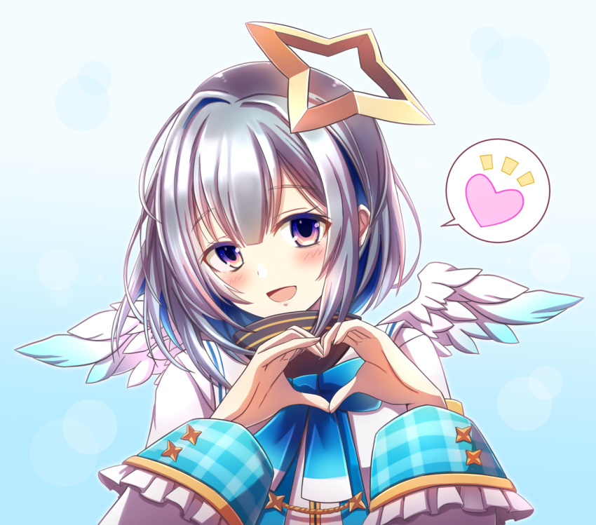 :d amane_kanata amane_kanata_(1st_costume) angel angel_wings asymmetrical_hair blue_hair blush bob_cut colored_inner_hair commentary feathered_wings female gradient_background grey_hair halo head_tilt heart heart_hands highres hololive long_sleeves looking_at_viewer multicolored_eyes multicolored_hair notice_lines open_mouth photoshop_(medium) purple_eyes ryusei2u short_hair single_hair_intake smile solo spoken_heart star_halo virtual_youtuber white_wings wings