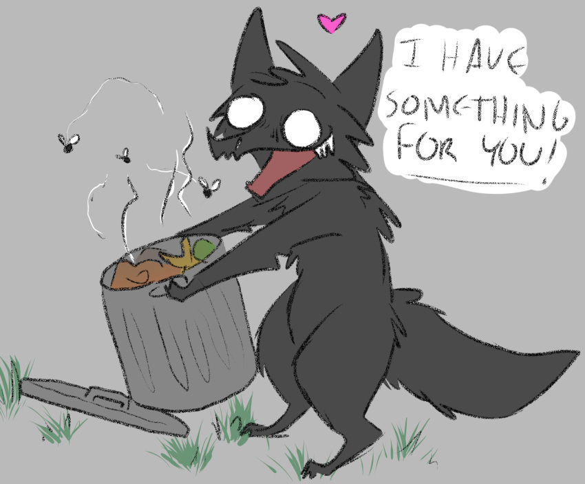 arthropod black_body black_fur canid conditional_dnp empty_eyes fly_(animal) fur grass heart_symbol hi_res holding_object insects male mammal open_mouth plant rosco_(shadowdog) simple_background solo speech_bubble standing teeth trash trash_can white_eyes wolftacos