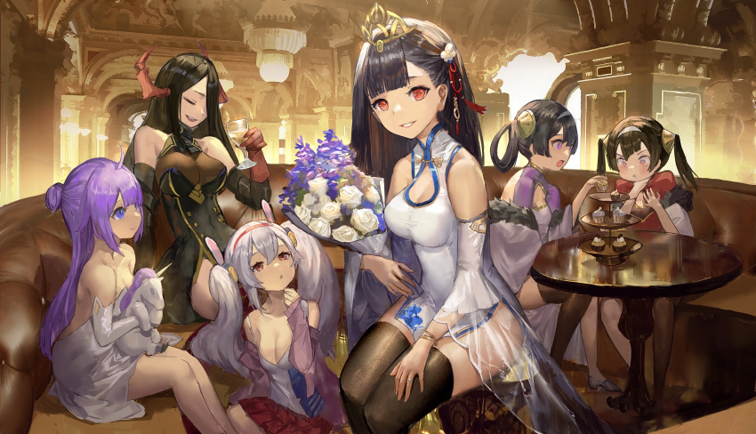 6+girls :d :t absurdres asphyxiation azur_lane black_hair black_legwear blue_eyes blunt_bangs bouquet bracelet breasts choking_on_object closed_eyes cupcake detached_sleeves dress flower food friedrich_der_grosse_(azur_lane) gloves hair_bun hair_flower hair_ornament hair_rings hairband highres horns indoors jewelry laffey_(azur_lane) large_breasts medium_breasts messikid multiple_girls ning_hai_(azur_lane) open_mouth parted_bangs parted_lips ping_hai_(azur_lane) purple_eyes purple_hair red_eyes ring short_dress sidelocks single_hair_bun sitting smile thighhighs tiara twintails unicorn_(azur_lane) wedding_ring white_dress yat_sen_(azur_lane)