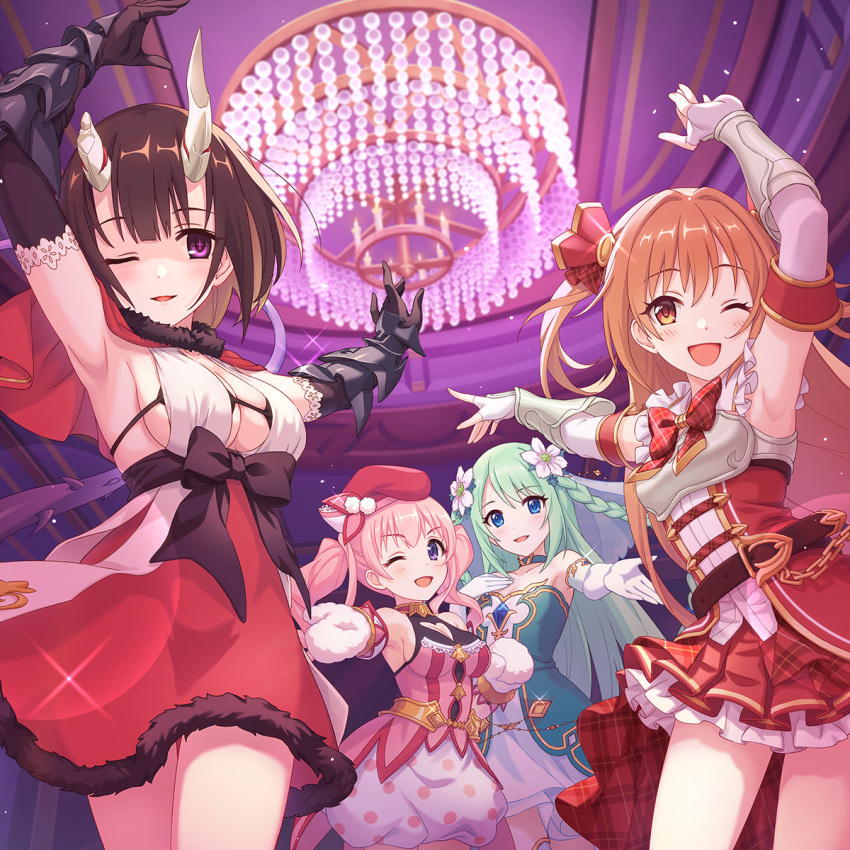 4girls album_cover armpits artist_request beret black_bra blush bra braid breasts broken_horn brown_hair capelet chandelier chika_(princess_connect!) choker cleavage_cutout clothing_cutout cover dress elbow_gloves eriko_(princess_connect!) flower gloves green_choker green_hair hair_between_eyes hair_flower hair_ornament hat heart_cutout highres horns long_hair looking_at_viewer mittens multiple_girls nozomi_(princess_connect!) official_art one_eye_closed open_mouth pink_hair polka_dot polka_dot_skirt princess_connect! purple_eyes purple_tail red_capelet red_headwear skirt tail tsumugi_(princess_connect!) twin_braids twintails two_side_up underwear white_flower white_mittens