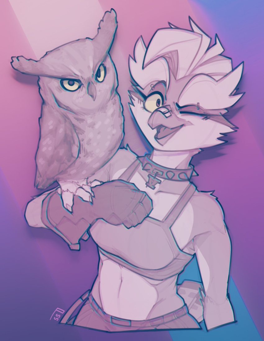 anthro avian bandage_on_beak beak bird breasts clothed clothing collar digital_media_(artwork) duo eyebrow_piercing facial_piercing female feral great_horned_owl hi_res horned_owl joy_(shammy) owl piercing sharkstuff simple_background size_difference spiked_collar spikes topwear true_owl