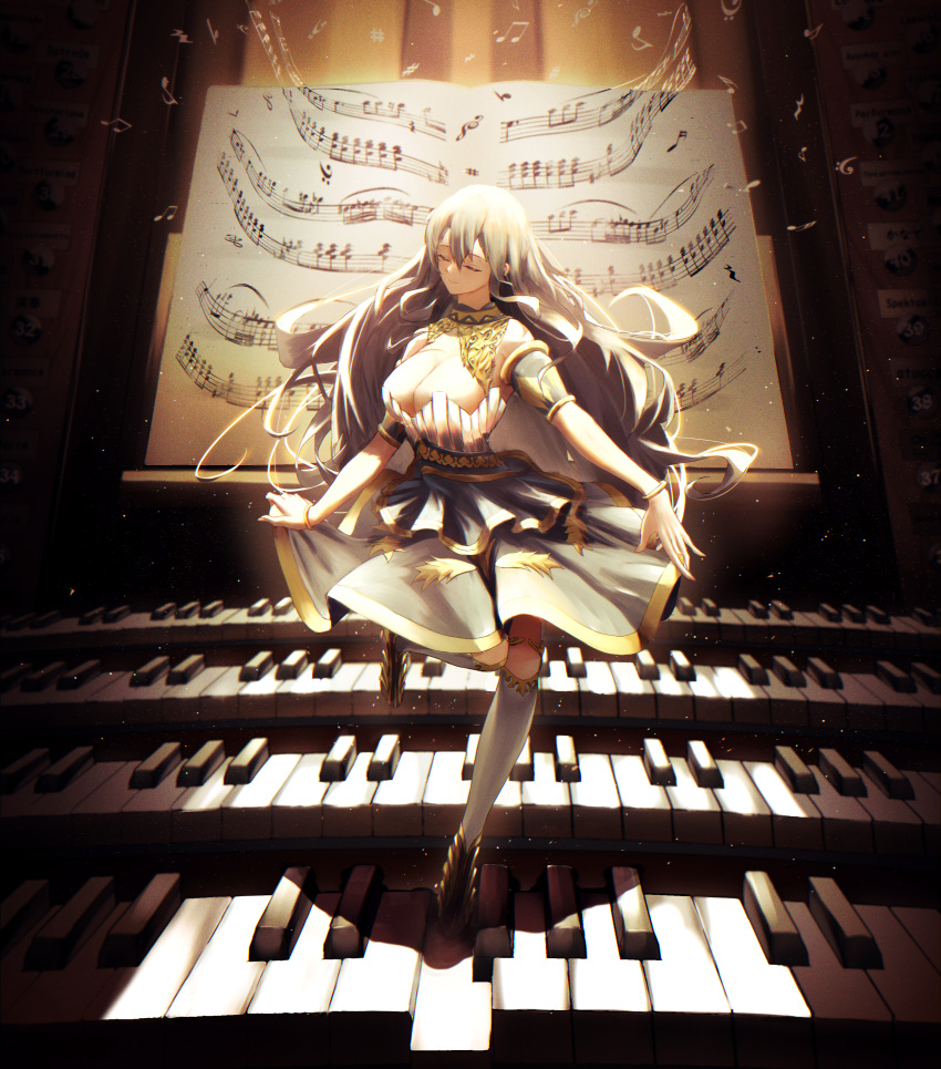 absurdres armlet bad_id bad_pixiv_id bangle bass_clef beamed_sixteenth_notes bracelet breasts brown_theme cleavage closed_eyes commentary_request dancing eighth_note facing_viewer female flat_sign full_body grey_hair grey_skirt highres instrument jewelry kneehighs large_breasts layered_skirt light_particles long_hair mini_person minigirl musical_note organ_(instrument) original pipe_organ quarter_note quarter_rest sharp_sign sheet_music shoes skirt skirt_hold sleeveless socks solo spinning surreal toi1et_paper white_socks