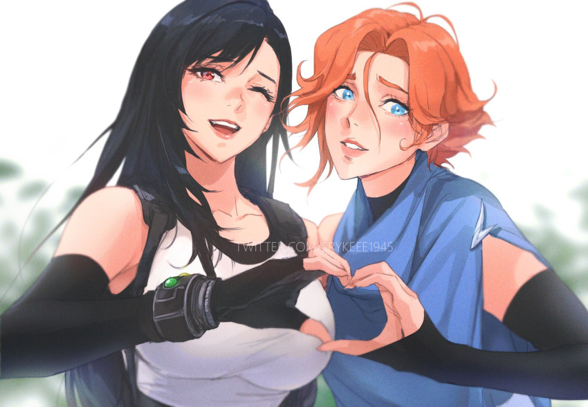 2girls bare_shoulders black_hair blue_eyes bracelet breasts castlevania_(netflix) castlevania_(series) castlevania_iii:_dracula's_curse commentary crop_top crossover detached_sleeves english_commentary final_fantasy final_fantasy_vii final_fantasy_vii_remake hair_between_eyes heart heart_hands highres jewelry large_breasts long_hair looking_at_viewer multiple_girls one_eye_closed orange_hair red_eyes short_hair spykeee sypha_belnades tank_top teeth tifa_lockhart turtleneck twitter_username upper_body upper_teeth_only watermark web_address