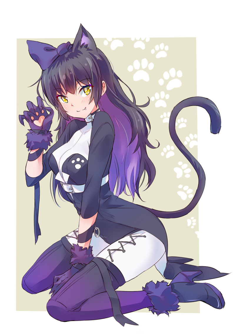 alternate_costume animal_ears black_hair blake_belladonna boots cat_ears cat_girl cat_tail female high_heel_boots high_heels highres iesupa long_hair oerba_yun_fang paw_print rwby rwby_ice_queendom solo tail white_background yellow_eyes