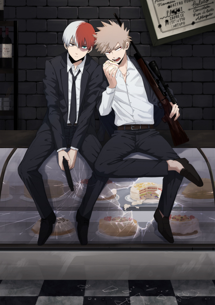 2boys akiyama_(noconoco) bakugou_katsuki blonde_hair blue_eyes boku_no_hero_academia brick_wall broken_glass bullet_hole burn_scar cake food formal full_body glass grey_eyes gun hair_between_eyes handgun heterochromia highres holding holding_gun holding_weapon indoors leaning_on_person long_bangs male_focus menu_board multicolored_hair multiple_boys multiple_weapons red_eyes red_hair rifle scar scar_on_face shards short_hair sitting sitting_on_object sniper_rifle spiked_hair suit tile_floor tiles todoroki_shouto two-tone_hair weapon white_hair wine_rack