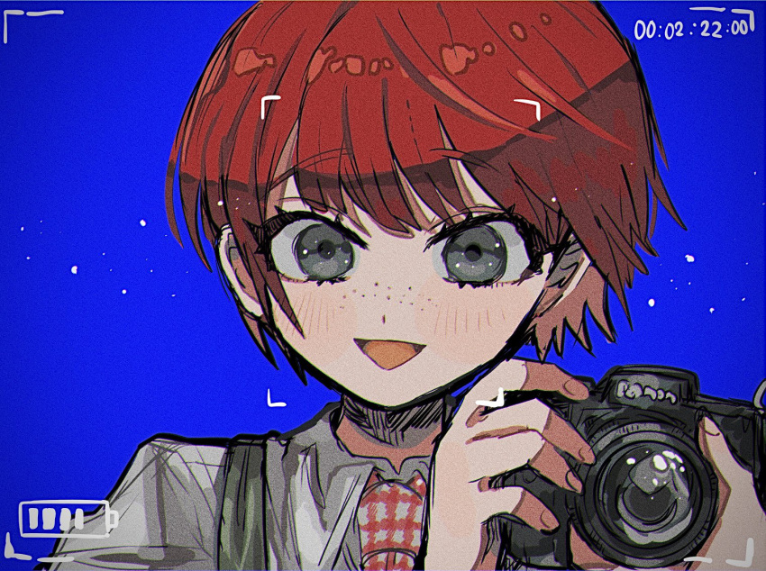 :d blue_background blush camera collared_shirt commentary danganronpa_(series) danganronpa_2:_goodbye_despair female freckles green_eyes hands_up holding holding_camera kara_aren koizumi_mahiru looking_at_viewer necktie open_mouth portrait red_hair shirt short_hair sky smile solo symbol-only_commentary