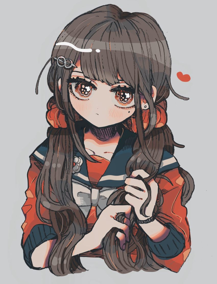 bad_id bad_twitter_id black_sailor_collar blunt_bangs blush brown_hair closed_mouth danganronpa_(series) danganronpa_v3:_killing_harmony female grey_background hair_ornament hair_over_shoulder hair_scrunchie hairclip harukawa_maki heart highres holding holding_own_hair kara_aren long_hair long_sleeves looking_at_viewer low_twintails mole mole_under_eye red_eyes red_scrunchie red_shirt sailor_collar school_uniform scrunchie serafuku shirt simple_background solo twintails upper_body