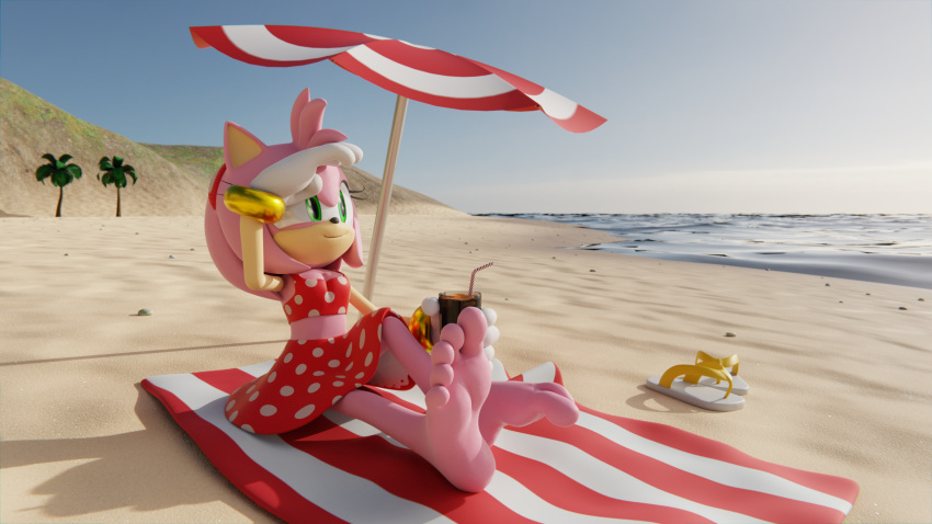 16:9 3d_(artwork) 5_toes amy_rose barefoot beach beach_towel clothing curling_toes digital_media_(artwork) eulipotyphlan feet feetymcfoot female flip_flops footwear fur hedgehog hi_res mammal outside pink_body pink_fur sandals seaside sega soles solo sonic_the_hedgehog_(series) swimwear toes towel widescreen