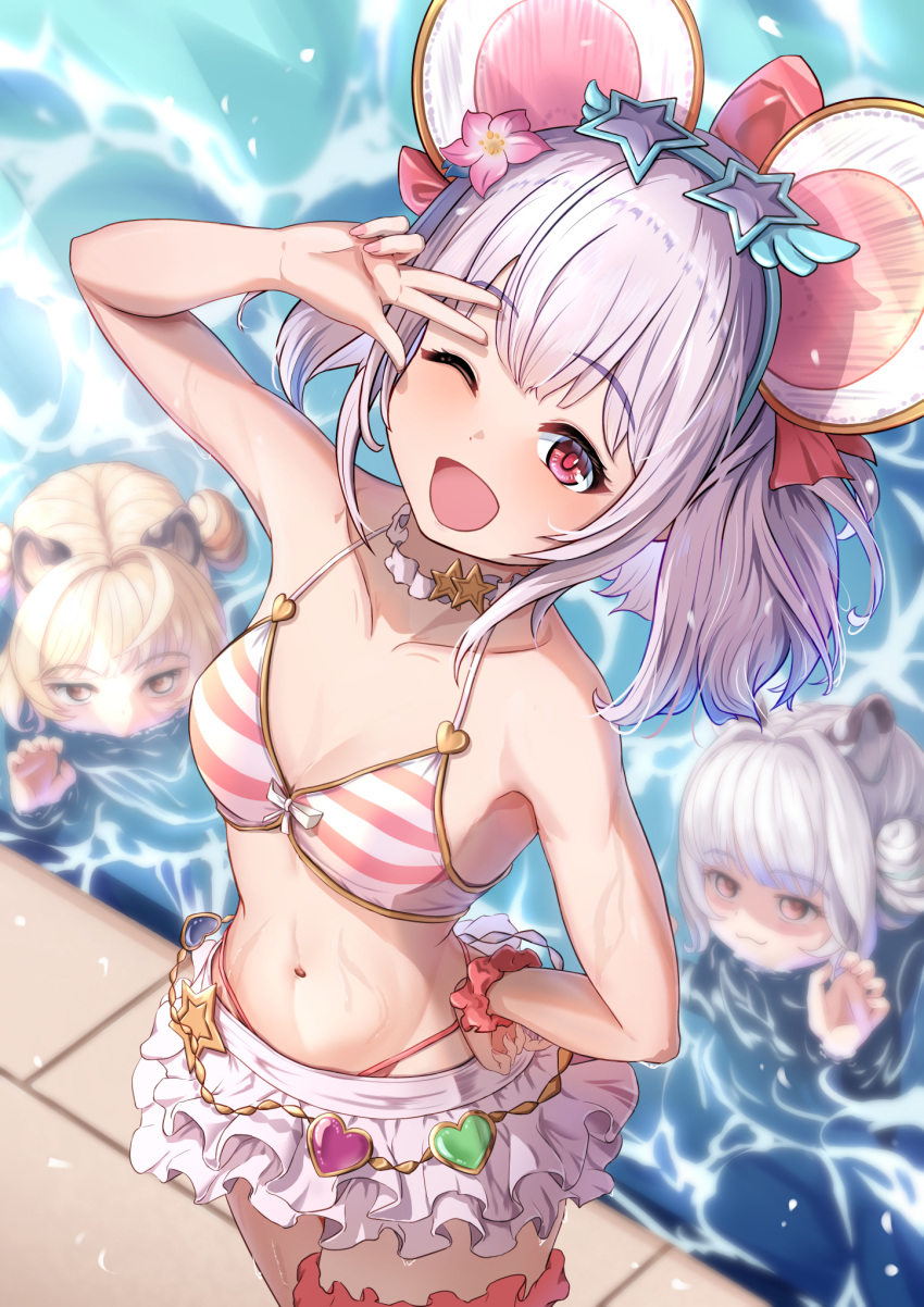 3girls animal_ears bai_(granblue_fantasy) bikini bikini_skirt breasts eyewear_on_head granblue_fantasy hand_on_own_hip highres huang_(granblue_fantasy) mouse_ears multiple_girls navel one_eye_closed pizzicato_il poolside red_eyes small_breasts star-shaped_eyewear star_(symbol) striped_bikini striped_clothes sunglasses swimsuit tiger_ears v_over_eye vikala_(granblue_fantasy) wet white_hair