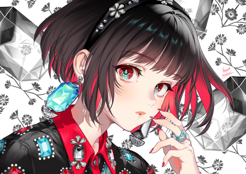 artist_name banned_artist bob_cut brown_hair colored_inner_hair earrings face female floral_background gem hairband hand_up highres jewelry looking_at_viewer midori_foo multicolored_eyes multicolored_hair original parted_lips portrait red_eyes red_nails ring short_hair solo