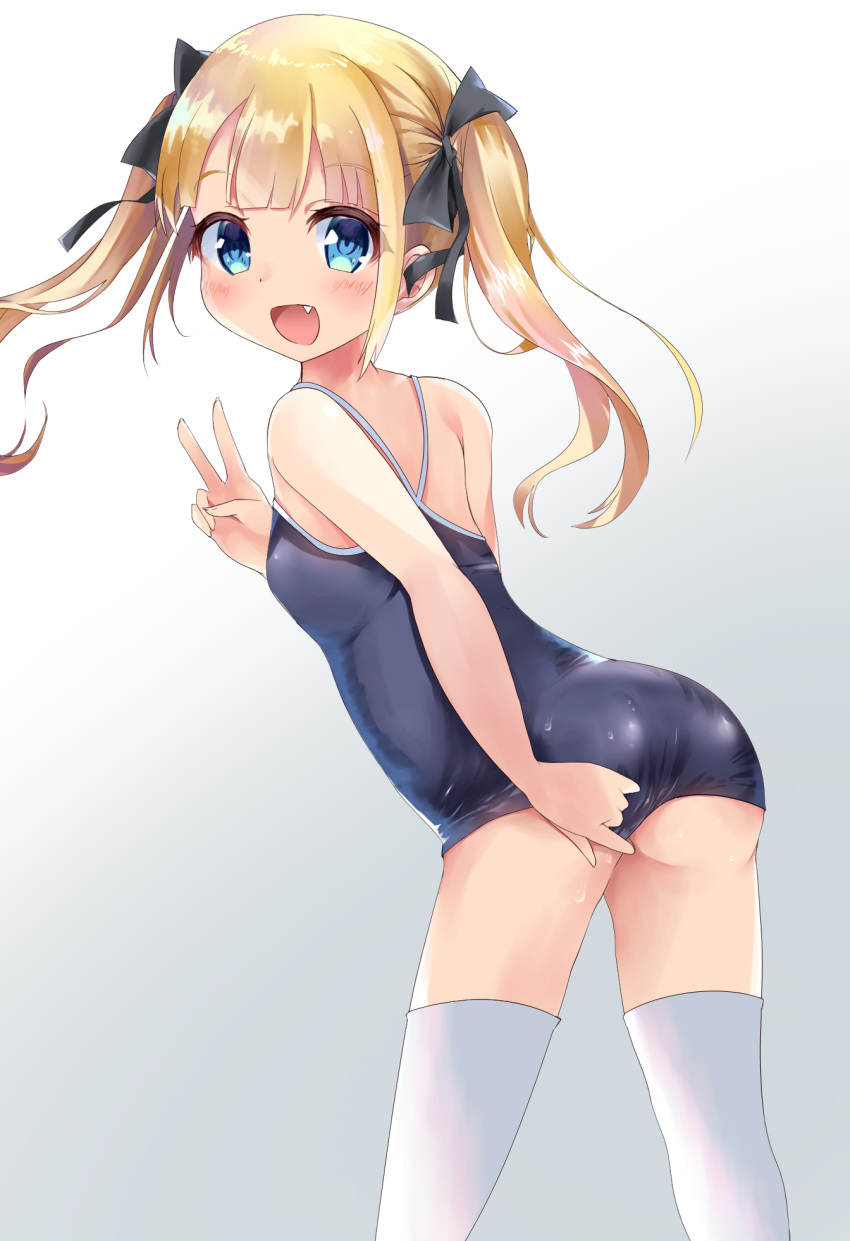 adjusting_clothes adjusting_swimsuit blonde_hair blue_eyes blue_swimsuit commentary_request competition_school_swimsuit cowboy_shot female from_behind gradient gradient_background highres looking_at_viewer oerba_yun_fang original p-hone school_swimsuit solo swimsuit thighhighs twintails v white_background white_legwear