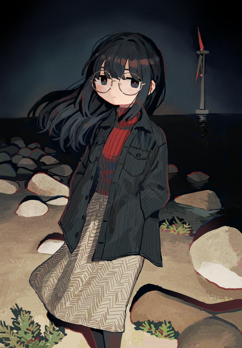 black_coat black_eyes black_hair blush coat cowboy_shot female glasses highres leaf long_hair night original outdoors plant red_sweater rock round_eyewear shadow skirt solo sweater white_skirt windmill zinbei