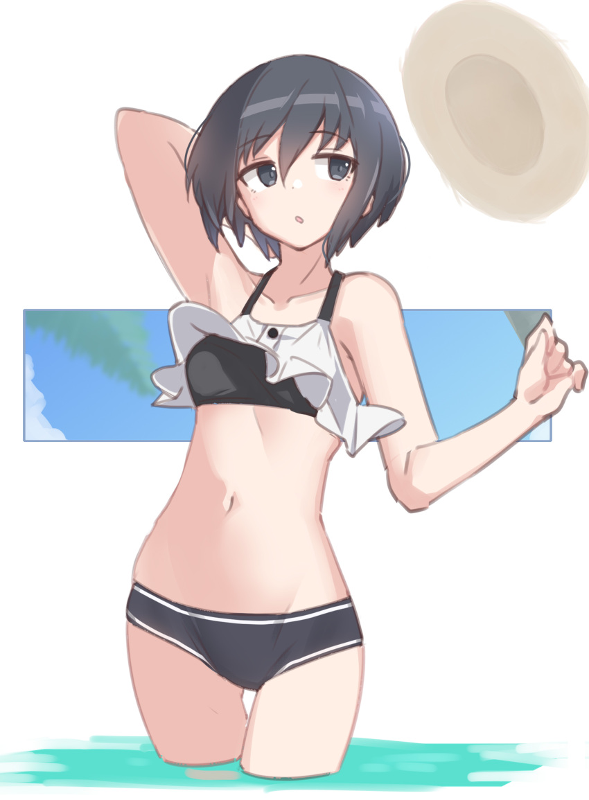 :o absurdres alternate_costume arm_behind_head azu_ankoowl bare_shoulders bikini black_bikini black_eyes black_hair breasts collarbone commentary female groin hat highres light_blush looking_to_the_side navel official_alternate_costume short_hair small_breasts solo stomach swimsuit tenka_hyakken type_32_guntou-kou unworn_hat unworn_headwear wading water wind