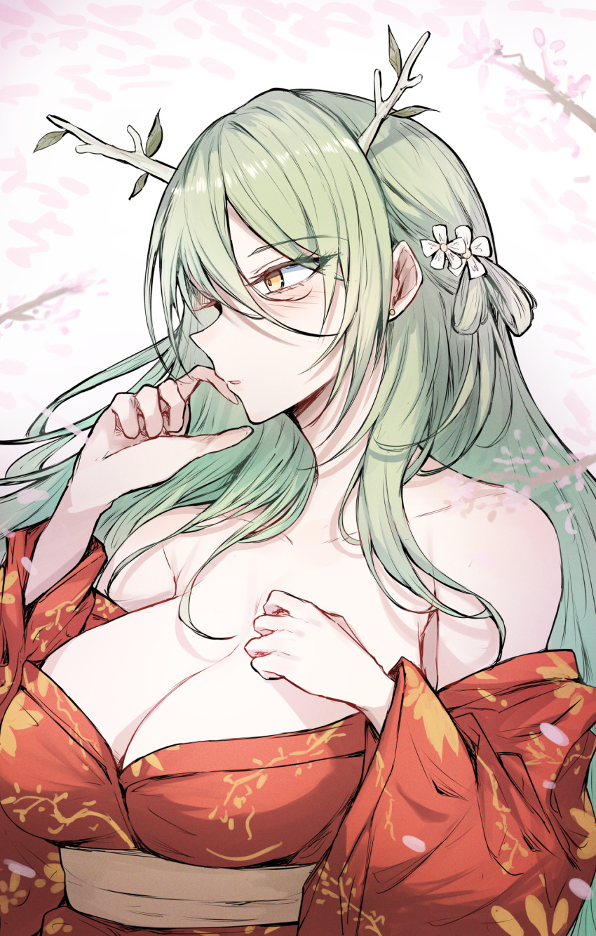 alternate_costume antlers bare_shoulders blush breasts ceres_fauna cleavage closed_mouth english_commentary female flower green_hair hair_flower hair_ornament hand_on_own_chest highres hololive hololive_english horns japanese_clothes kimono large_breasts long_hair looking_afar looking_ahead looking_at_viewer looking_to_the_side obi off_shoulder print_kimono red_kimono sagging_breasts sak1_01 sash solo virtual_youtuber yellow_eyes