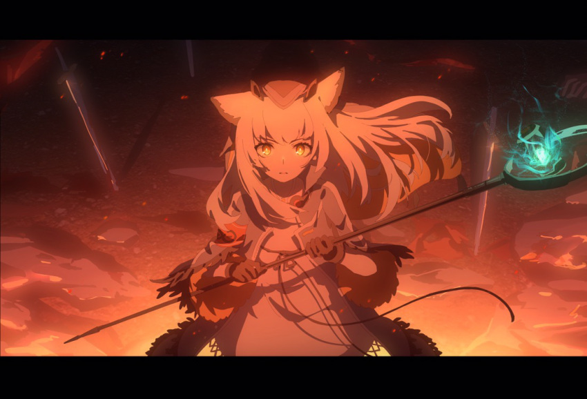 arknights armband black_gloves blood bloody_weapon coat cowboy_shot dress embers feather_trim female gloves glowing glowing_staff glowing_weapon head_scarf holding holding_staff kagura_tohru letterboxed long_hair looking_at_viewer open_clothes open_coat outdoors owl_ears parted_lips ptilopsis_(arknights) rhine_lab_logo shadow solo staff sword weapon white_coat white_dress white_hair wind yellow_eyes