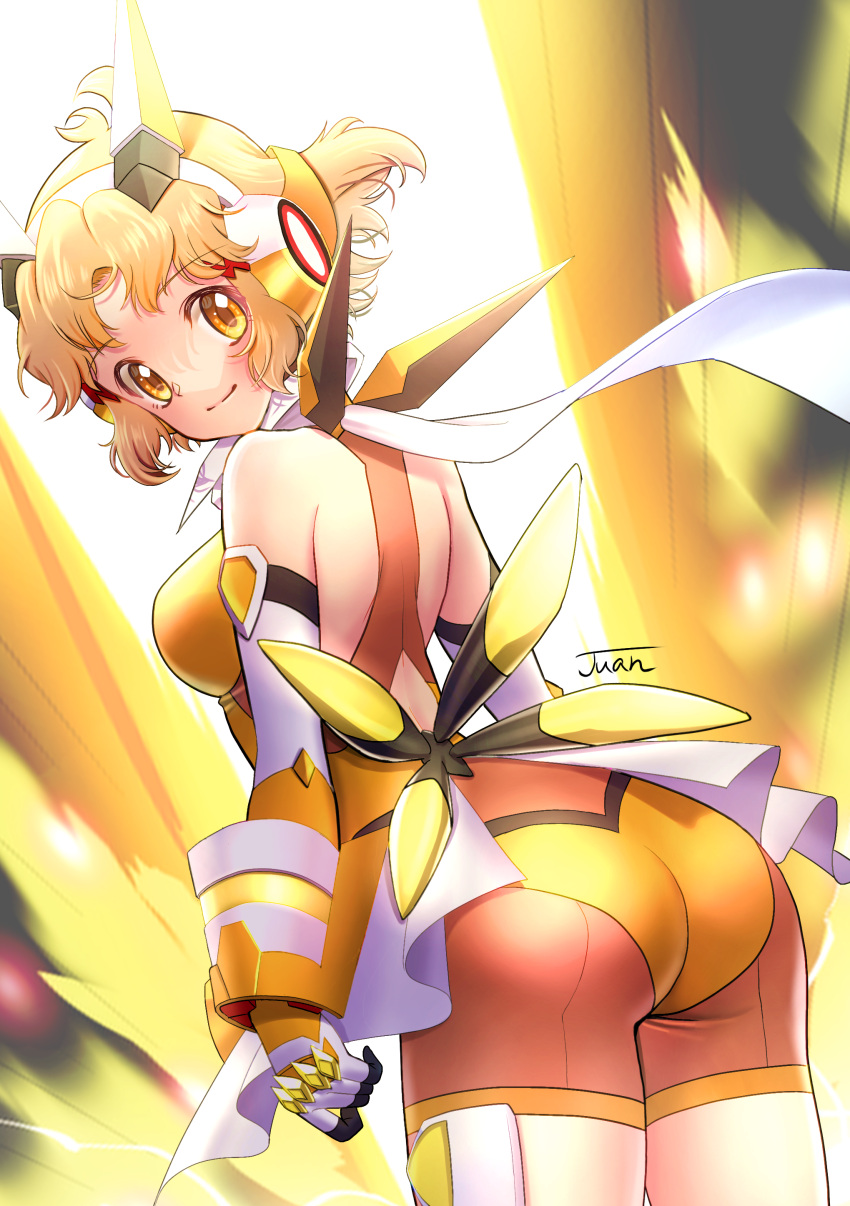 absurdres ass breasts brown_hair female from_behind headphones highres juan_0121 looking_back medium_breasts orange_eyes senki_zesshou_symphogear shorts signature smile solo tachibana_hibiki_(symphogear)