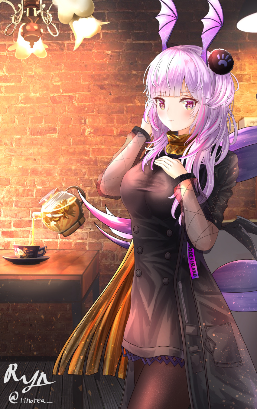 arknights bad_id bad_pixiv_id bat_wings black_coat black_legwear breasts coat commentary cup female hair_ornament head_wings highres indoors large_breasts manticore_(arknights) manticore_(invisible_dirge)_(arknights) md5_mismatch monster_girl official_alternate_costume purple_eyes purple_hair ryn_(rinorea) scorpion_tail skirt solo tail teacup teapot wings