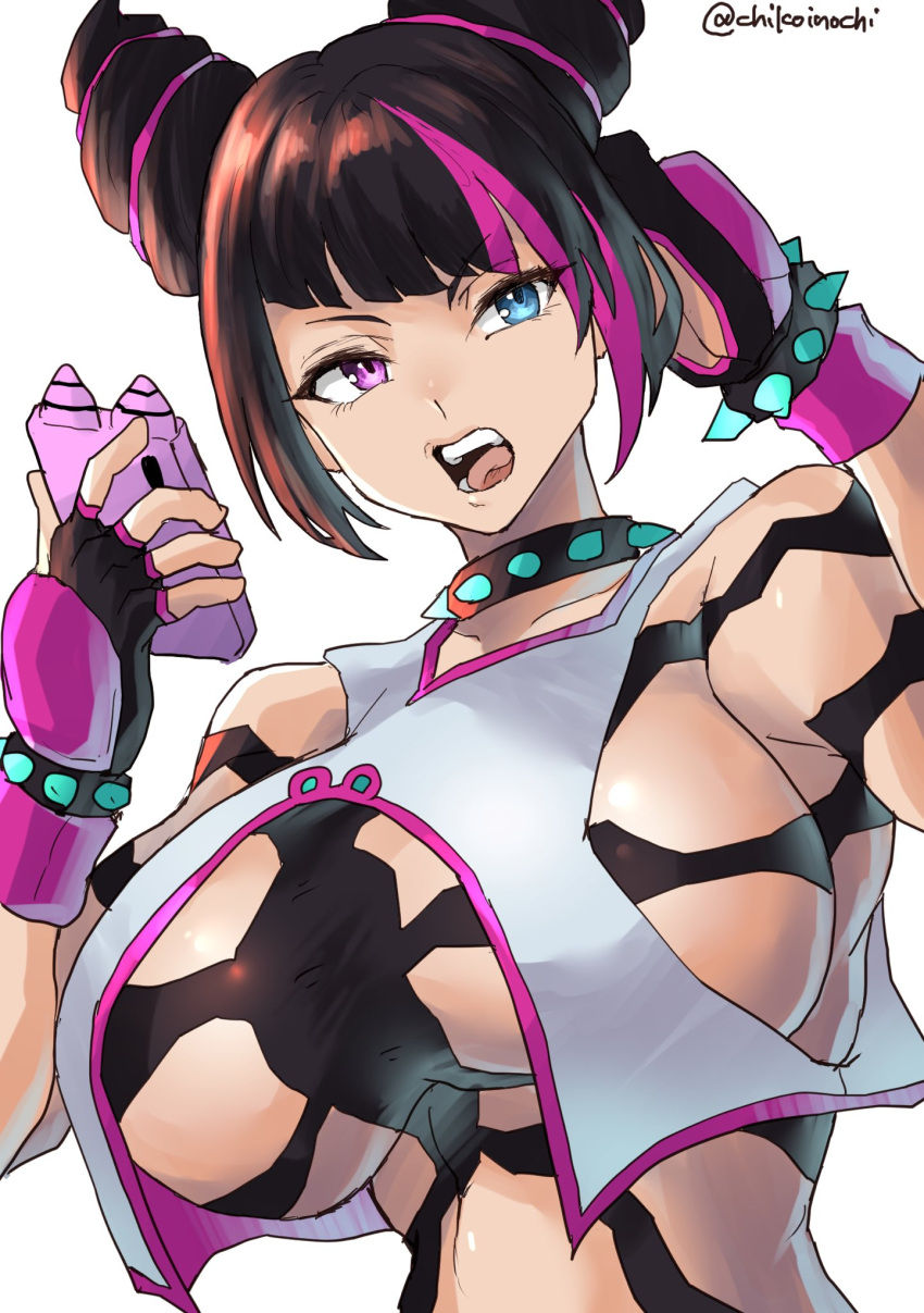 alternate_breast_size black_hair bracelet breasts chikoinochi collar female fingerless_gloves gloves hand_in_own_hair highres holding holding_phone huge_breasts jewelry juri_han multicolored_hair phone short_hair spiked_bracelet spiked_collar spikes streaked_hair street_fighter street_fighter_6 upper_body