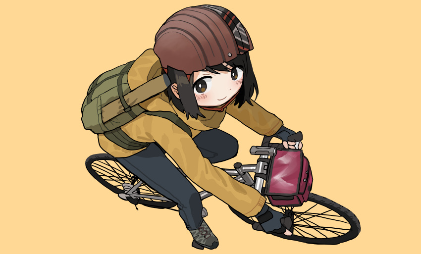 absurdres backpack bag bicycle black_eyes black_gloves black_hair black_pants blush commission female fingerless_gloves gloves green_bag helmet highres jacket original pants pixiv_commission shadow short_hair simple_background smile solo yellow_background yellow_jacket zinbei