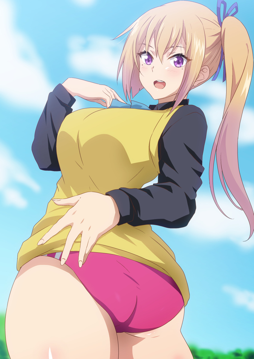 ass black_shirt blonde_hair blue_ribbon blue_sky blush breasts buruma female gradient_hair hair_ribbon hara_(harayutaka) highres kawakami_mai large_breasts long_hair long_sleeves looking_at_viewer looking_back mole mole_under_eye multicolored_hair musaigen_no_phantom_world open_mouth outdoors pink_buruma purple_eyes ribbon shirt side_ponytail sky smile solo sweater_vest twisted_torso vest yellow_vest