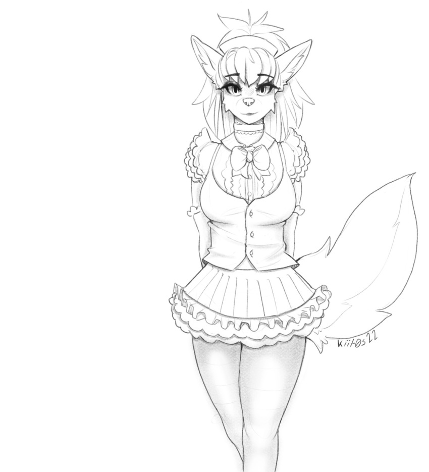 anthro aurum_(kiit0s) breasts canid canine cleavage clothed clothing female hi_res kiit0s looking_at_viewer maid_uniform mammal monochrome solo uniform