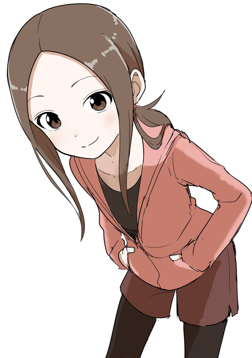 black_pantyhose black_shirt brown_eyes brown_hair brown_shorts closed_mouth commentary_request cowboy_shot female flat_chest forehead hands_on_own_hips highres hood hood_down hooded_jacket inaba_mifumi jacket karakai_jouzu_no_(moto)_takagi-san karakai_jouzu_no_takagi-san leaning_forward light_blush long_hair long_sleeves looking_at_another looking_at_viewer pantyhose parted_hair partial_commentary pink_jacket shadow shirt shorts sidelocks simple_background smile solo standing t-shirt takagi-san white_background