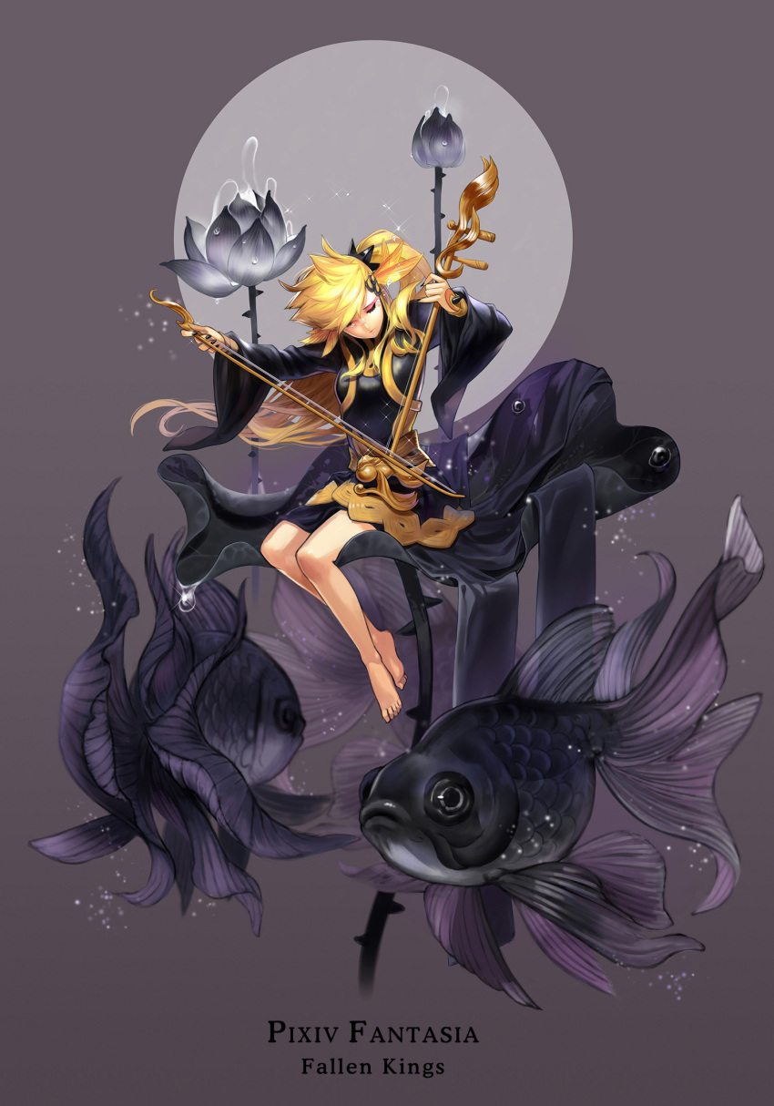 \||/ bare_legs barefoot black_dress black_flower black_nails black_theme blonde_hair bow_(music) breasts circle closed_eyes closed_mouth commentary_request dress english_commentary erhu eyeshadow facing_down facing_to_the_side female fish flower full_body goldfish grey_background highres holding holding_bow_(music) holding_instrument instrument koi leaf long_sleeves lotus lotus_leaf makeup medium_breasts mini_person minigirl mixed-language_commentary music nail_polish pixiv_fantasia pixiv_fantasia_fallen_kings plantar_flexion playing_instrument purple_theme red_eyeshadow simple_background sitting solo sparkle tears thorns train_(clothing) water_drop wide_sleeves yukiusagi1983