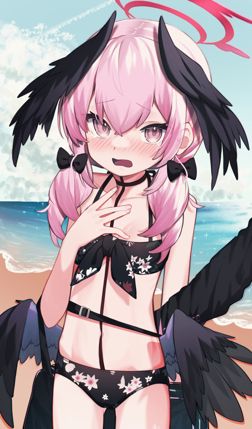 absurdres bad_id bad_pixiv_id bare_shoulders bikini black_bikini black_wings blue_archive blush breasts collarbone feathered_wings female floral_print halo head_wings highres koharu_(blue_archive) koharu_(swimsuit)_(blue_archive) lazu0721 looking_at_viewer low_twintails navel open_mouth print_bikini small_breasts solo swimsuit thighs twintails wings