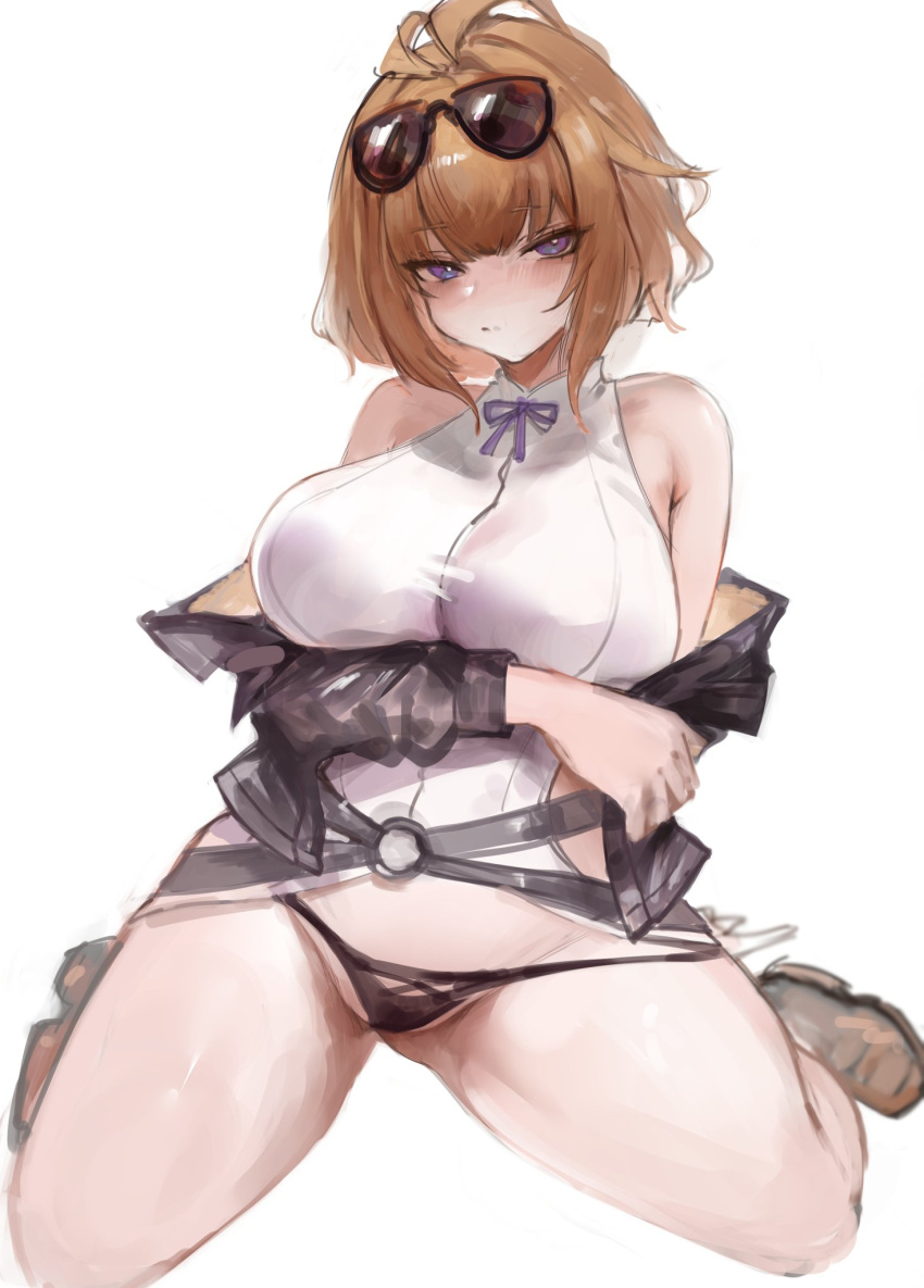 bare_shoulders blush breasts brown_hair commission dokuro_deluxe english_commentary female girls'_frontline grizzly_mkv_(girls'_frontline) highres large_breasts looking_at_viewer partially_undressed purple_eyes sagging_breasts second-party_source solo sunglasses