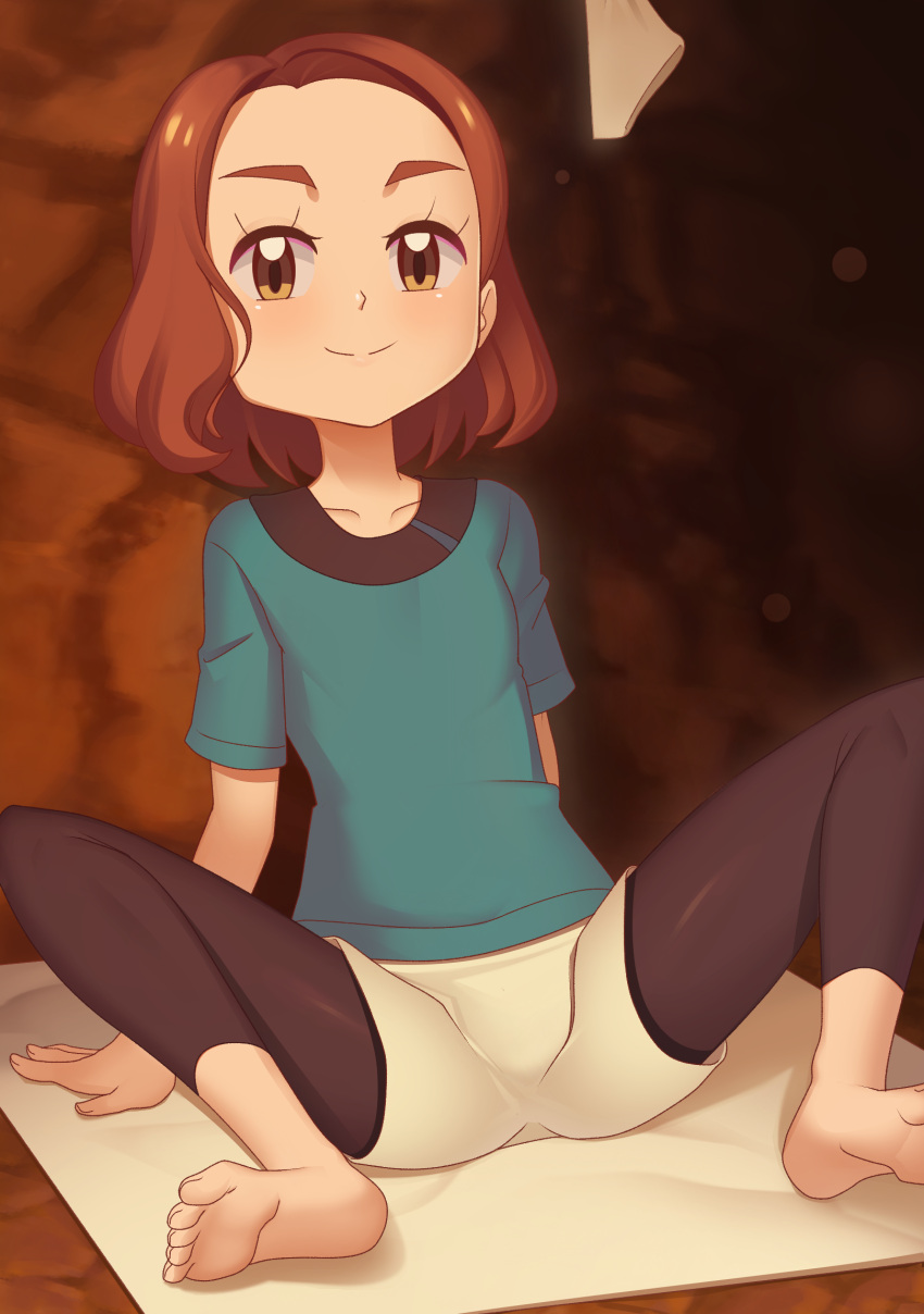 arm_support barefoot blue_shirt brown_eyes brown_hair cave_interior collarbone eyelashes feet female gazing_eye highres leggings leggings_under_shorts looking_at_viewer medium_hair pokemon pokemon_(anime) pokemon_the_movie:_i_choose_you! shirt short_sleeves shorts sitting soles solo spread_legs t-shirt textless_version toes verity_(pokemon) white_shorts