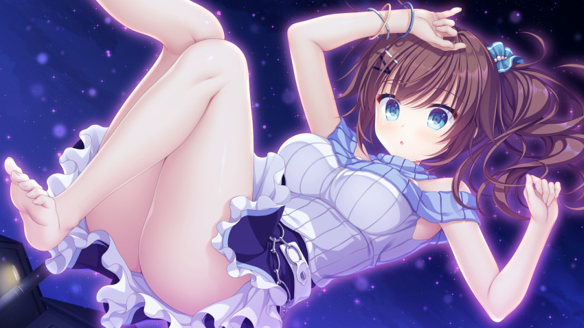 barefoot blue_eyes brown_hair drapri_guu-ta-life dress game_cg ichinose_suzuka long_hair ponytail takano_yuki whirlpool