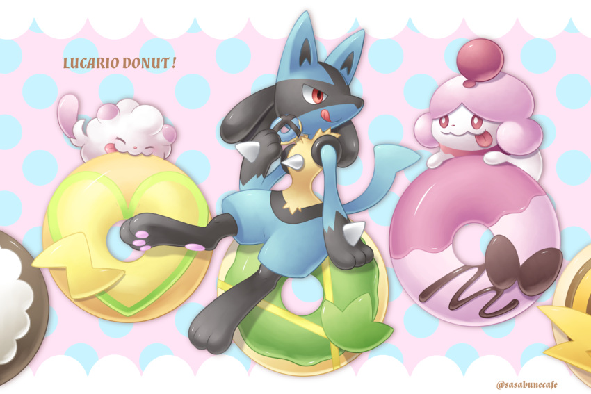 :q arm_support aromatisse character_name closed_mouth commentary_request doughnut eating food holding lucario pokemon pokemon_(creature) raichu red_eyes sasabunecafe sitting slurpuff smile snivy swirlix themed_object tongue tongue_out twitter_username wooloo yamper