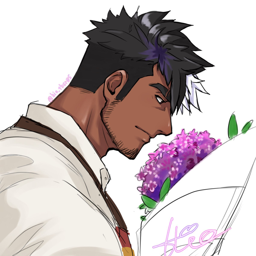 1boy apron bara black_hair bouquet dark-skinned_male dark_skin eyebrow_cut facial_hair highres hio_tksr05 holding holding_bouquet lilac_(live_a_hero) live_a_hero male_focus multicolored_hair muscular muscular_male purple_eyes purple_hair shirt sideburns solo streaked_hair thick_eyebrows twitter_username two-tone_hair upper_body white_hair white_shirt