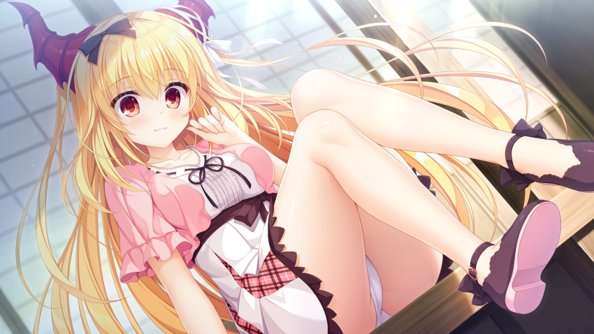 blonde_hair blush drapri_guu-ta-life dress game_cg haru_(drapri_guu-ta-life) horns long_hair panties red_eyes ribbons takano_yuki underwear whirlpool