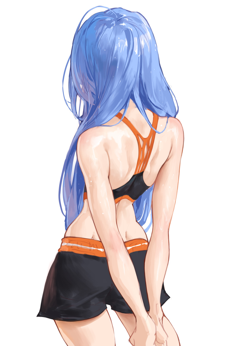 absurdres arms_behind_back ass bae_minah_(chaesu) bare_shoulders black_shorts black_sports_bra blue_hair borrowed_character charles_(106858) cowboy_shot dimples_of_venus facing_away female flat_ass from_behind hair_over_shoulder highres long_hair original shorts shoulder_blades simple_background solo sports_bra standing white_background