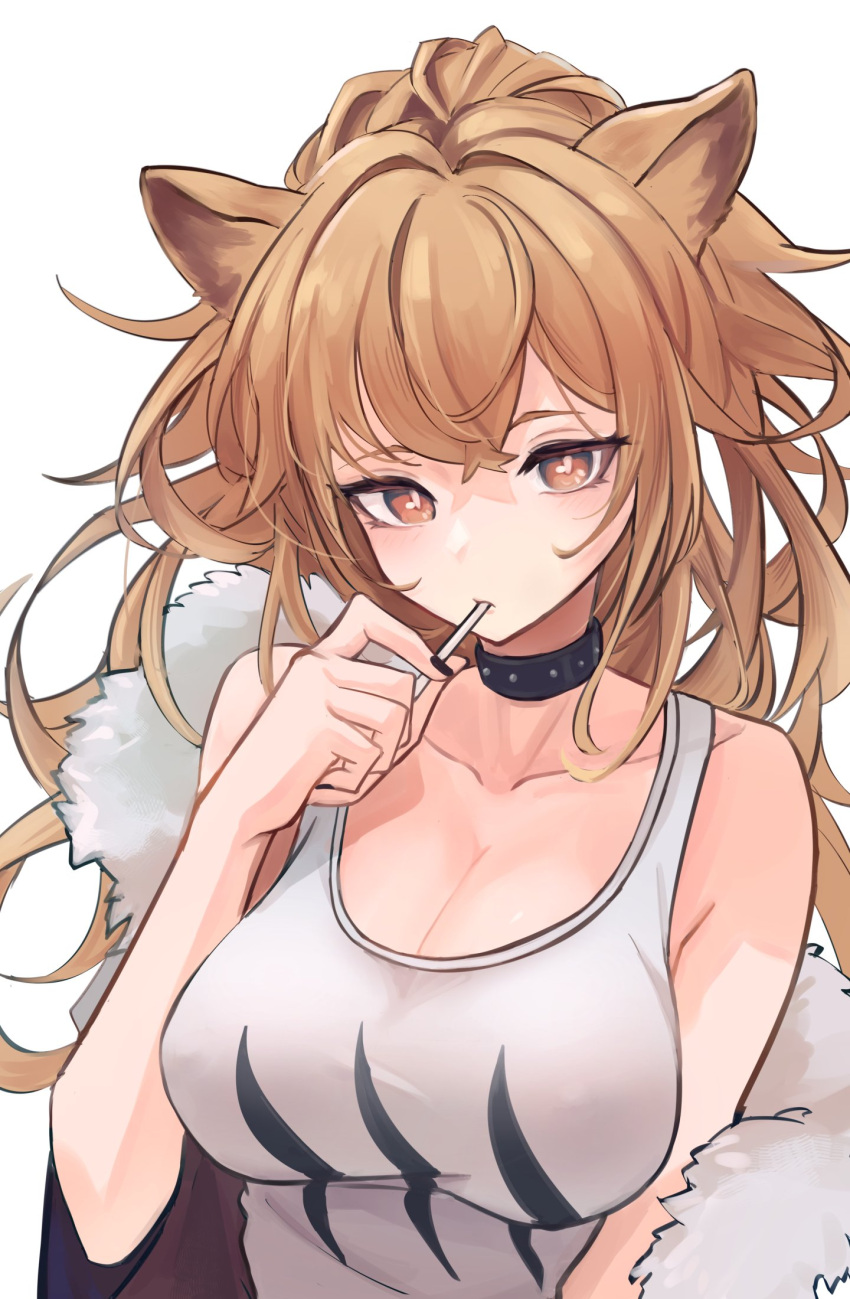 animal_ears arknights bare_shoulders blush breasts brown_eyes brown_hair candy cleavage collar collarbone eating female food fur_trim highres large_breasts lion_ears lollipop long_hair long_sleeves looking_at_viewer off_shoulder ponytail shino_duka shirt siege_(arknights) simple_background solo tank_top upper_body white_background white_shirt