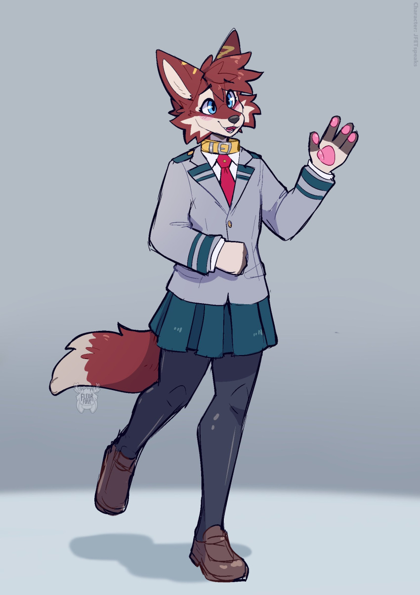 4_fingers anthro blush bottomwear canid canine canis clothed clothing collar fingers fleurfurr footwear formal_wear hi_res jfet male mammal my_hero_academia necktie on_one_leg pants plantigrade shoes simple_background skirt solo standing wolf