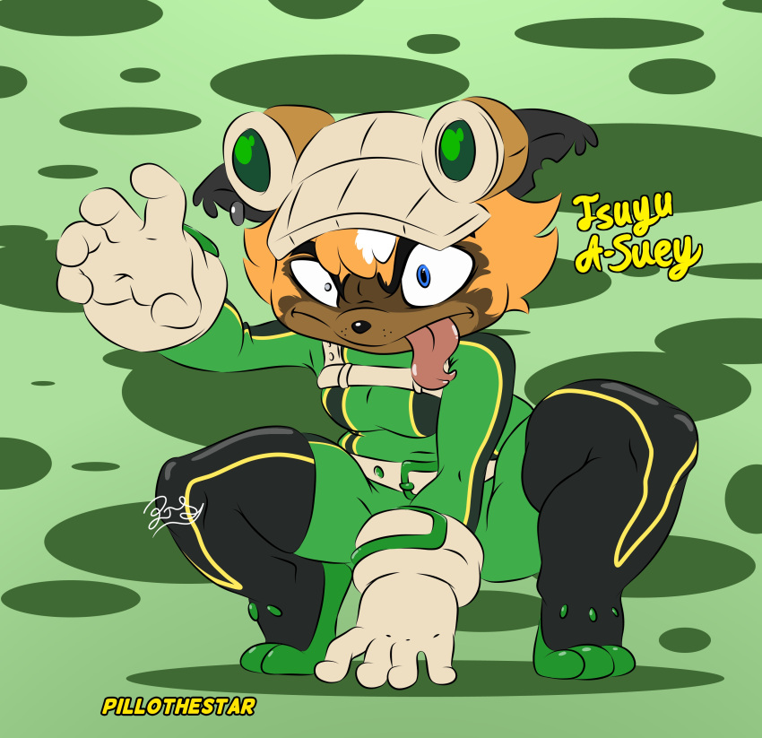 absurd_res anthro asui_tsuyu badger big_hands big_mouth_(anatomy) blue_eyes brown_body brown_fur clothing cosplay costume crazy_eyes crossover crossover_cosplay crouching ear_piercing ear_ring eyebrows eyewear eyewear_on_head female forked_tongue fur gloves goggles goggles_on_head green_background green_clothing gulonine hair handwear head_tuft heterochromia hi_res hybrid mammal messy_hair muscular mustelid musteline my_hero_academia notched_ear orange_body orange_fur piercing pillothestar ring_piercing short_stack simple_background skinsuit solo suey_(pillothestar) thick_eyebrows thick_thighs tight_clothing tongue tongue_out tuft wide_hips wolverine