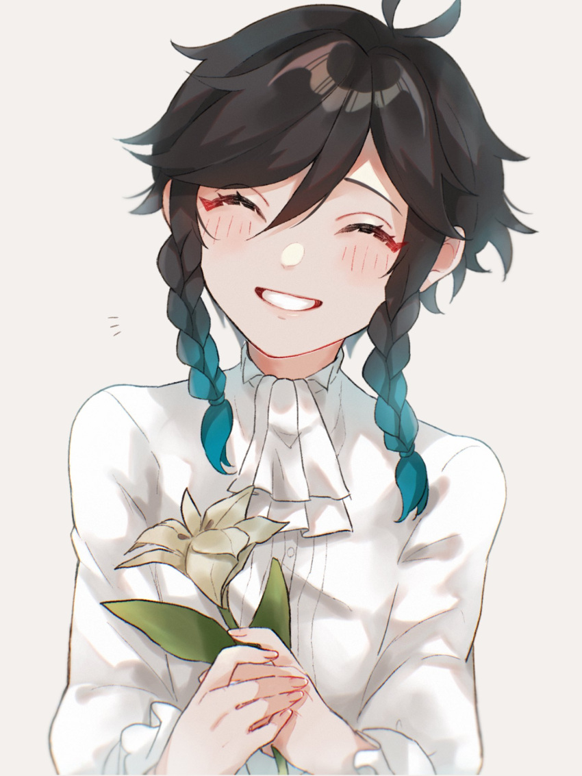 1boy androgynous black_hair blue_hair blush closed_eyes commentary flower genshin_impact gradient_hair highres male_focus multicolored_hair short_hair_with_long_locks smile solo teeth upper_body venti_(genshin_impact) wata_(wataboshi) white_flower