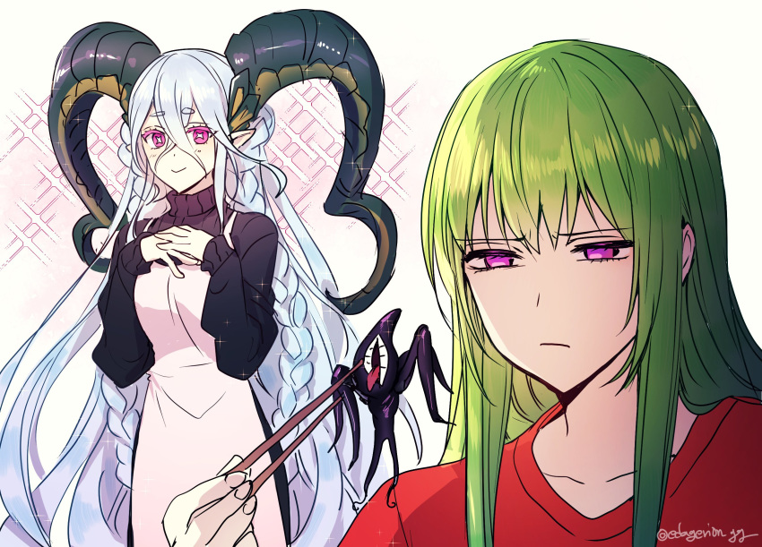 1other androgynous apron aqua_hair braid chopsticks ede enkidu_(fate) fate/grand_order fate_(series) female green_hair hand_on_own_chest highres kingu_(fate) lahmu_(fate) long_sleeves purple_eyes red_shirt shirt smile sparkle symbol-shaped_pupils tiamat_(fate) turtleneck unamused