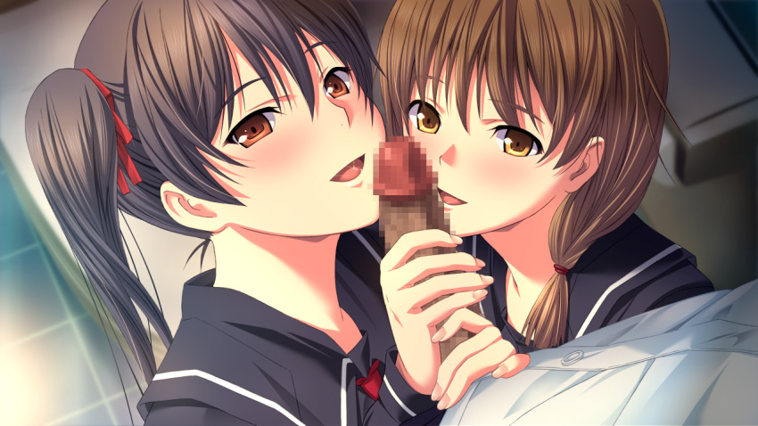 1boy 2girls :d black_hair black_sailor_collar black_serafuku black_shirt blurry blurry_background brown_eyes brown_hair censored collared_shirt cooperative_fellatio dress_shirt fellatio ffm_threesome game_cg group_sex hair_between_eyes hair_over_shoulder hair_ribbon hyakki_ryouran_no_yakata indoors long_hair m&m_(mickey_and_mackey) mikado_ririka mosaic_censoring multiple_girls oral penis pov red_ribbon ribbon sailor_collar sailor_shirt school_uniform serafuku shirt smile sogabe_orie straight threesome twintails white_shirt yellow_eyes