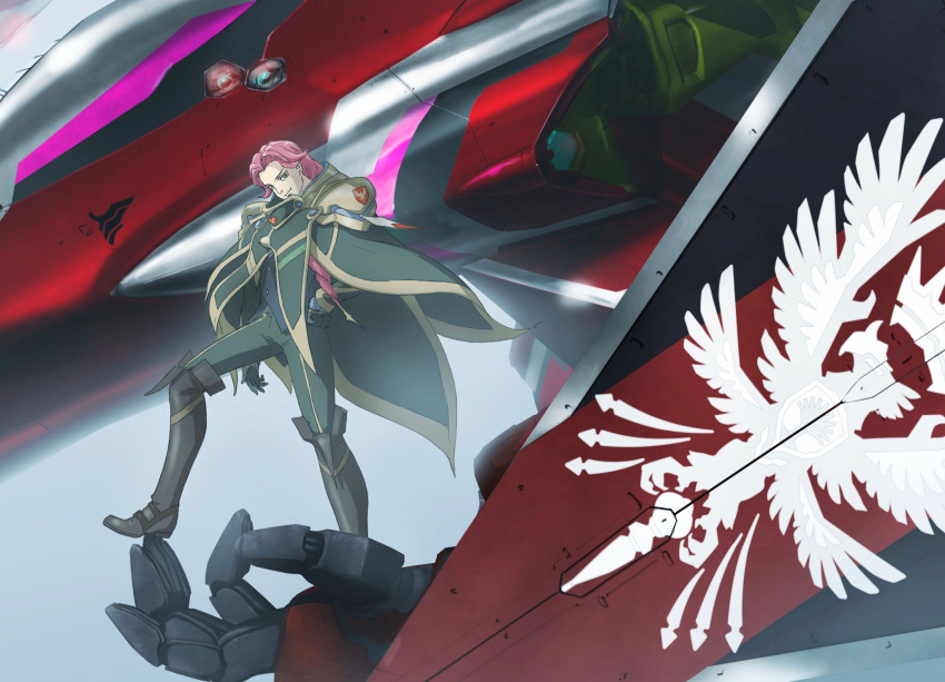 1boy black_bodysuit black_cloak black_footwear bodysuit bogue_con-vaart boots cloak gerwalk highres in_palm knee_boots macross macross_delta macross_delta:_zettai_live!!!!!! male_focus mecha military military_uniform pilot_suit red_hair robot science_fiction smile sv-262 tenjin_hidetaka uniform variable_fighter yellow_eyes